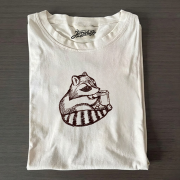 Embroidered Racoon Tee, Cute Racoon Coffee Embroidered Ultra Soft Tee, BT-0007