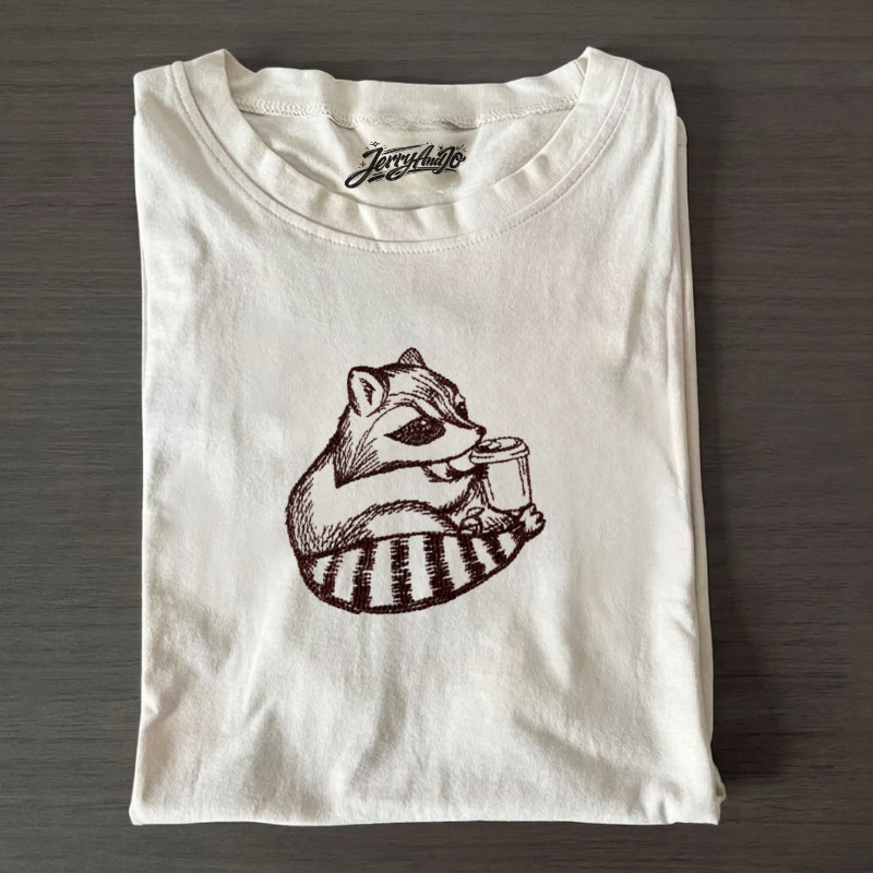 Embroidered Racoon Tee, Cute Racoon Coffee Embroidered Ultra Soft Tee, BT-0007