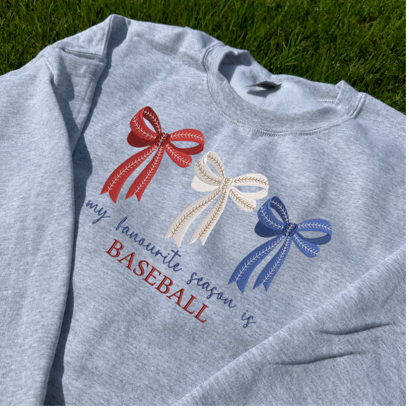 BASEBALL IS MY FAVORITE SEASON MACHINE EMBROIDERY SWEATER, COQUETTE BOW BT-0038