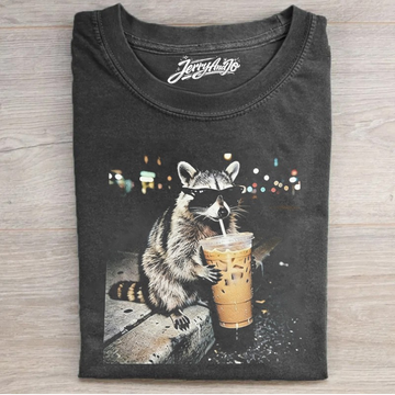 RACCOON DRINKING ICED COFFEE SHIRT BT-00105