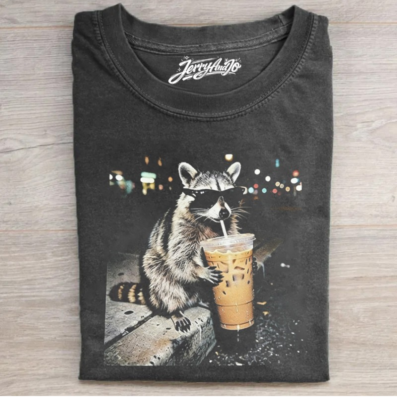 RACCOON DRINKING ICED COFFEE SHIRT BT-00105
