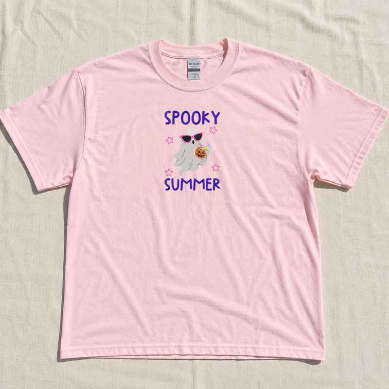 SPOOKY SUMMER GHOST MACHINE EMBROIDERY SHIRT, HALLOWEEN SPOOKY SEASON DESIGN BT - 0045
