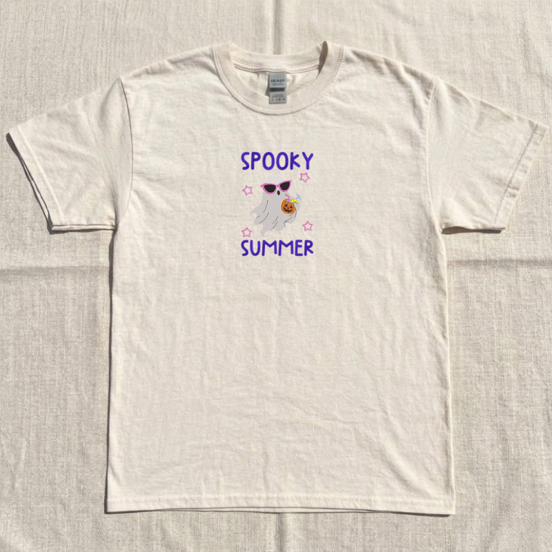 SPOOKY SUMMER GHOST MACHINE EMBROIDERY SHIRT, HALLOWEEN SPOOKY SEASON DESIGN BT - 0045