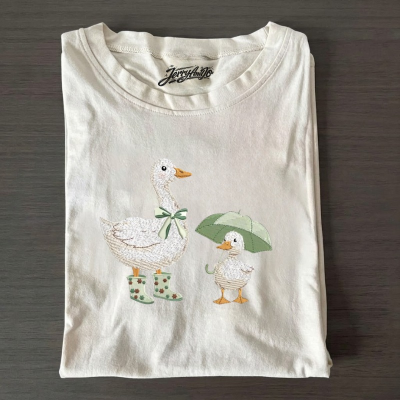 Wet but Happy Goose,Cute Goose Rainy Day Embroidery, BT-00015