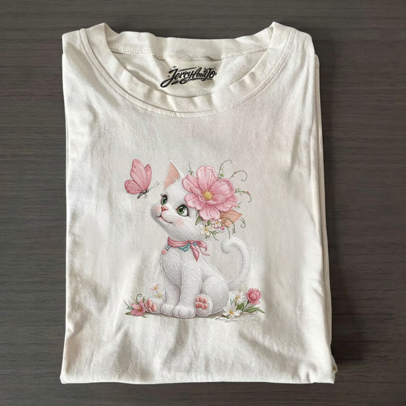 CUTE WHITE CAT FLORAL KITTEN WITH BUTTERFLY, BABY ANIMAL EMBROIDERY SHIRT, BT-00017