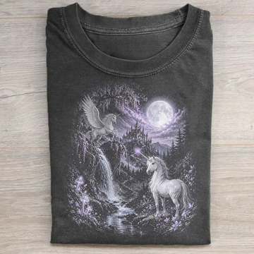 VINTAGE UNICORN PEGASUS CASTLE T-SHIRT, RETRO MYSTIC MYTHICAL CREATURE FULL MOON GRAPHIC TEE LL - 0274