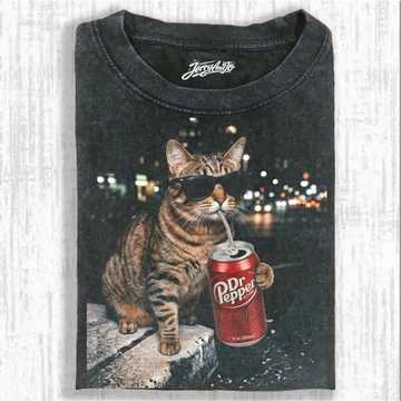 FUNNY CAT DRINKING DRPEPPPER T-SHIRT, VINTAGE CAT SHIRT BT-0090