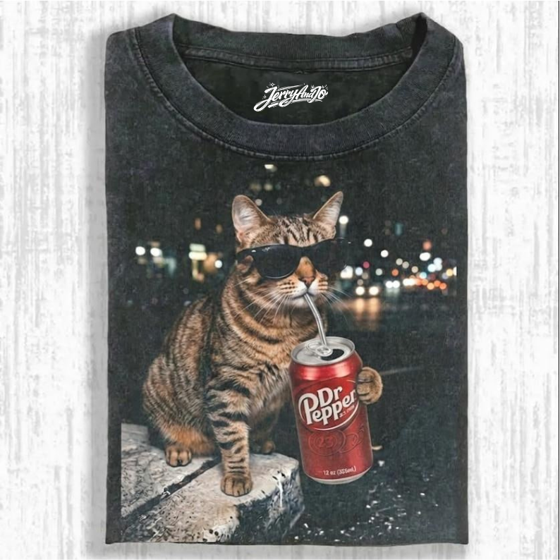 FUNNY CAT DRINKING DRPEPPPER T-SHIRT, VINTAGE CAT SHIRT BT-0090