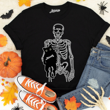 SKELETON AND CAT SHIRT, BLACK CAT HALLOWEEN TSHIRT  BT-00168