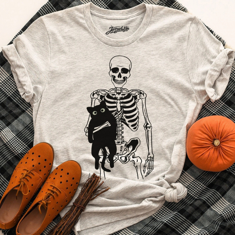 SKELETON AND CAT SHIRT, BLACK CAT HALLOWEEN TSHIRT  BT-00168