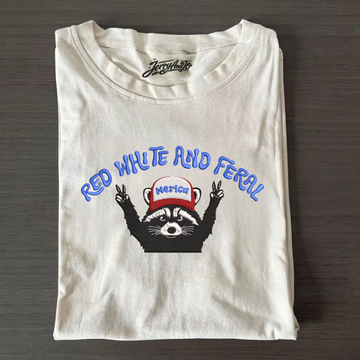 Red White And Feral Embroidery shirt,Funny Racoon shirt BT-0029