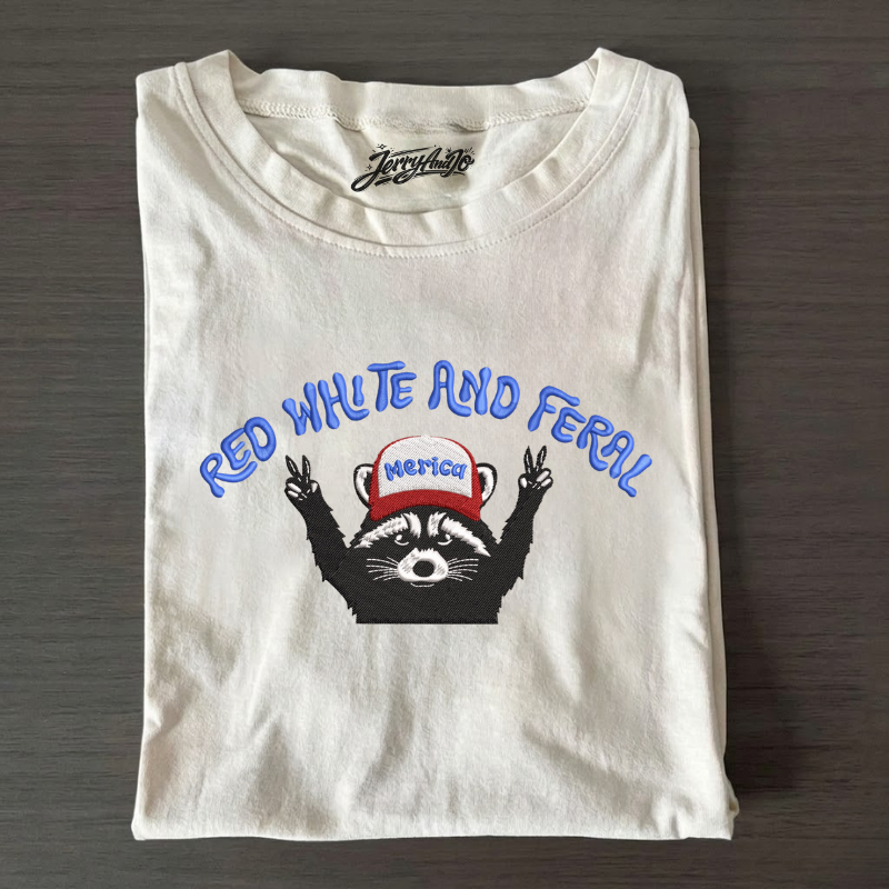 Red White And Feral Embroidery shirt,Funny Racoon shirt BT-0029