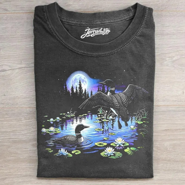 VINTAGE COMMON LOON WATER LILY T-SHIRT, RETRO MYSTIC STARRY NIGHT LAKE FULL MOON GRAPHIC TEE LL - 0276