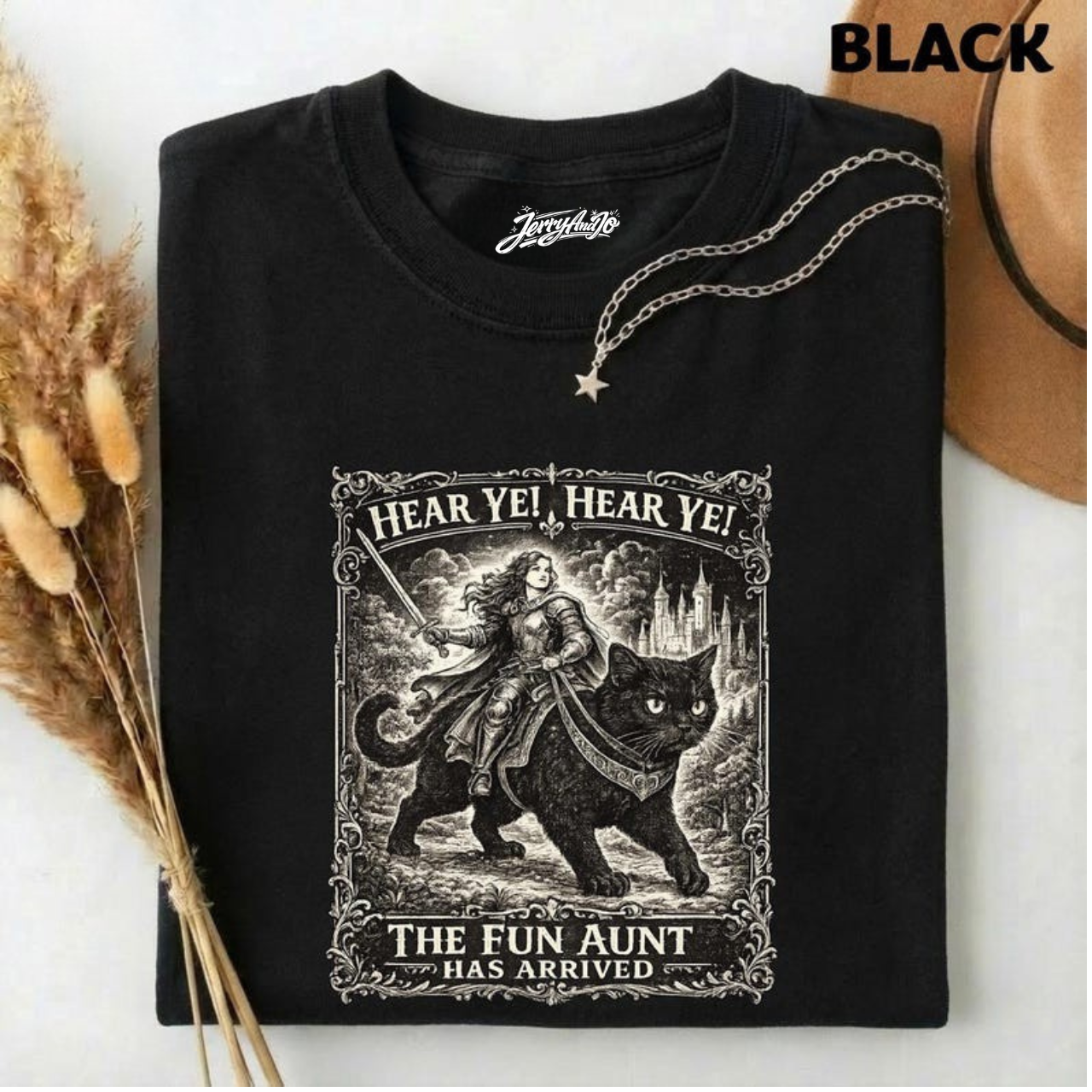 FUN AUNT KNIGHT RIDING BLACK CAT T-SHIRT BT-00225