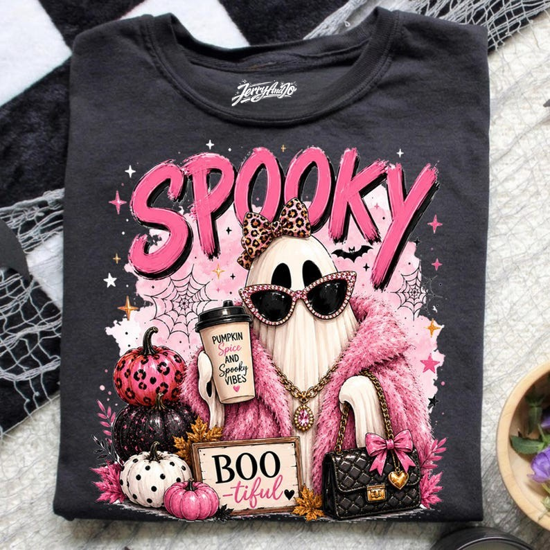 SPOOKY GLAM GHOST SHIRT, BOUJEE PINK HALLOWEEN GHOST TEE  BT-00128