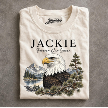 JACKIE BALD EAGLE SHIRT, FOREVER OUR QUEEN COMFORT COLORS TEE, EAGLE CAM MEMORIAL GIFT LL - 0277