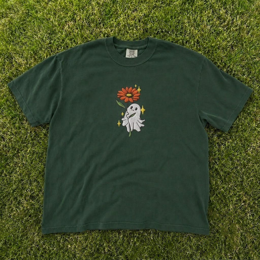 Cute Ghost Holding Flower Sparkle Embroidered Tee CT-0099