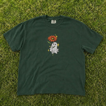 Cute Ghost Holding Flower Sparkle Embroidered Tee CT-0099