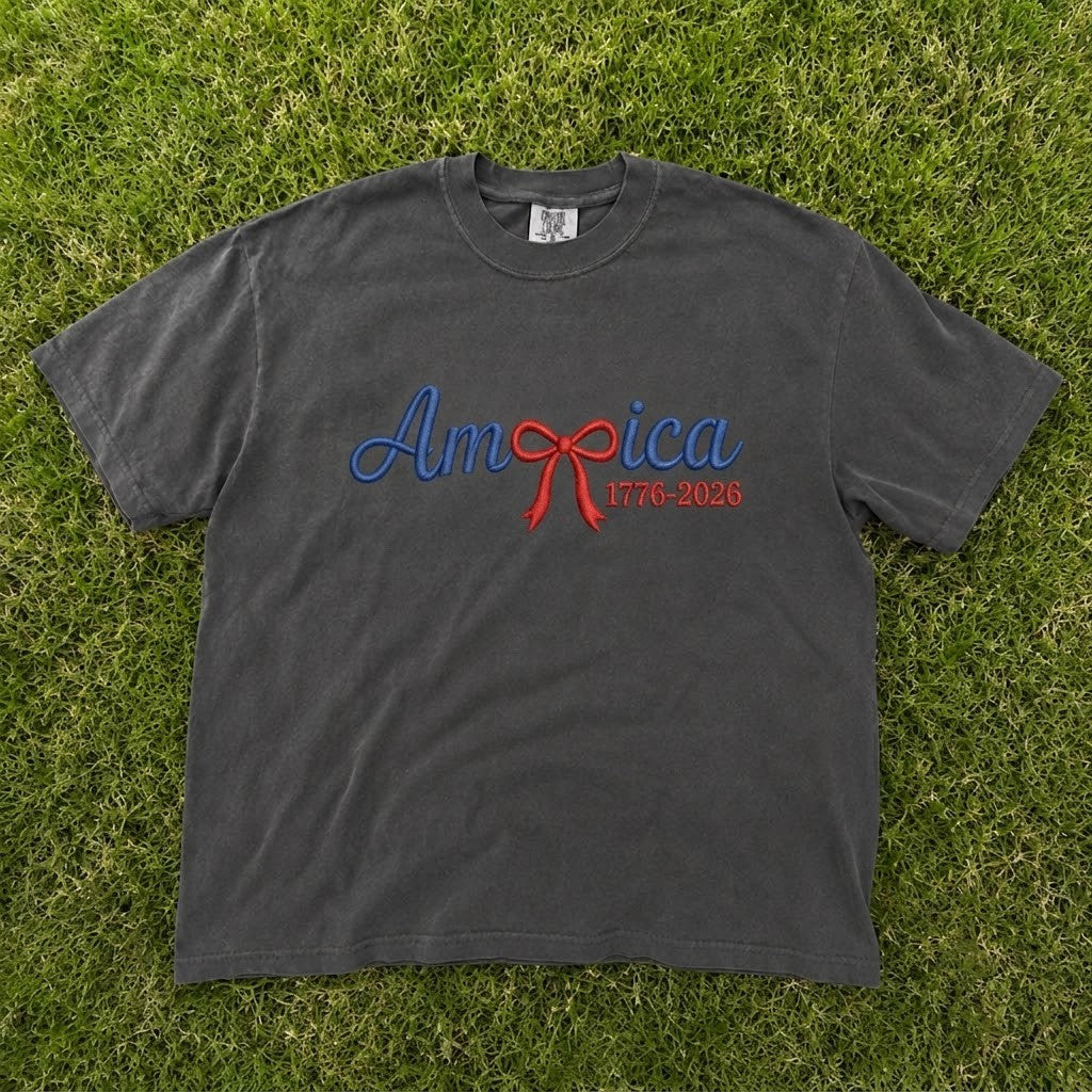 AMERICA 1776 2026 250TH ANNIVERSARY COQUETTE BOW 4TH OF JULY EMBROIDERED TEE CT-0062