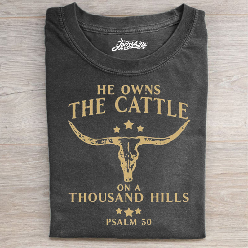 HE OWNS THE CATTLE ON A THOUSAND HILLS T-SHIRT HHUE - 096