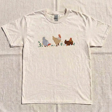 EMBROIDERED CHICKEN TRIO FARM CHICKEN SHIRT HHUE - 050