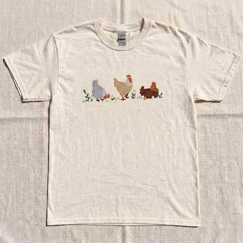 EMBROIDERED CHICKEN TRIO FARM CHICKEN SHIRT HHUE - 050