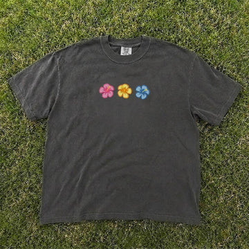 EMBROIDERED HIBISCUS SUMMER BEACH LOVER SHIRT HHUE - 051