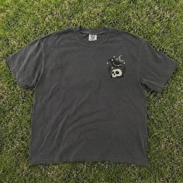 EMBROIDERED WITCHY CROW SKULL MOON AND STARS SHIRT HHUE - 056