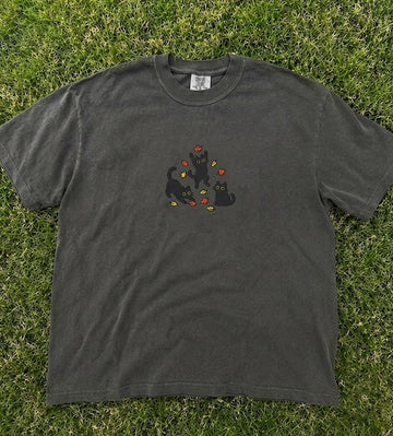 EMBROIDERED BLACK CATS AND FALL LEAVES SHIRT HHUE - 057