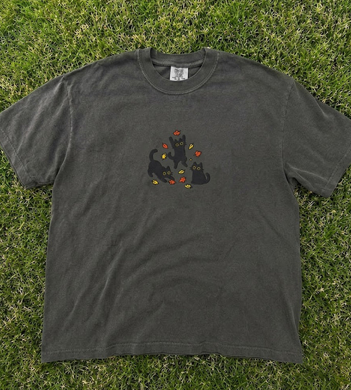EMBROIDERED BLACK CATS AND FALL LEAVES SHIRT HHUE - 057