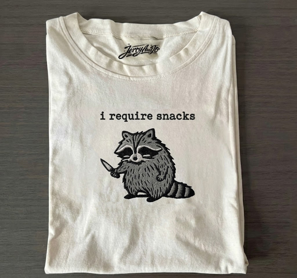 OVERSTIMULATED I REQUIRE SNACKS FUNNY RACCOON TEE HHUE - 010