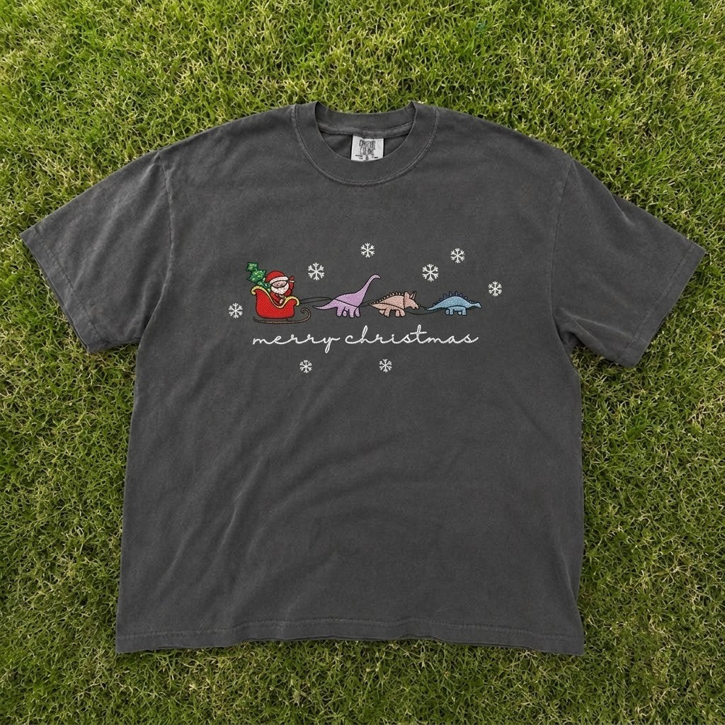 Santa Sleigh with Dinosaur Reindeer Merry Christmas Embroidered Tee CT-0096