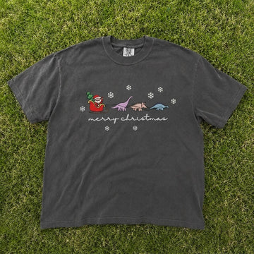 Santa Sleigh with Dinosaur Reindeer Merry Christmas Embroidered Tee CT-0096