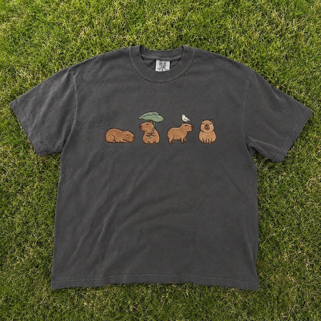 CUTE CAPYBARAS LEAF UMBRELLA FUNNY ANIMAL LOVER EMBROIDERED TEE CT-0073