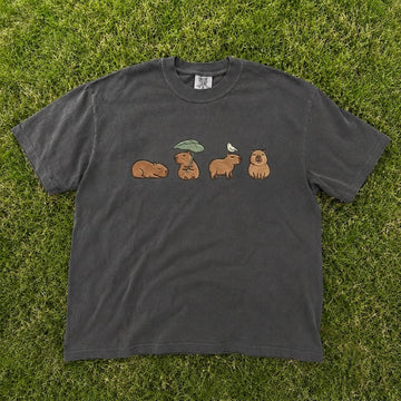 CUTE CAPYBARAS LEAF UMBRELLA FUNNY ANIMAL LOVER EMBROIDERED TEE CT-0073