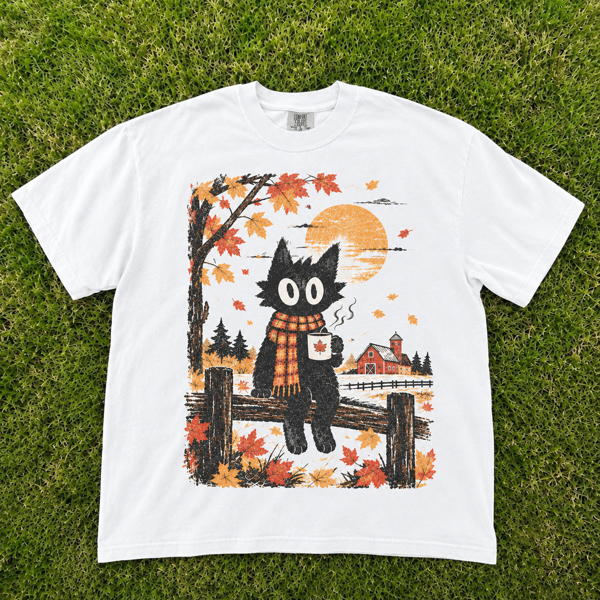 Autumn Black Cat Coffee Maple Leaf Autumn Farm T-Shirt CT-0111