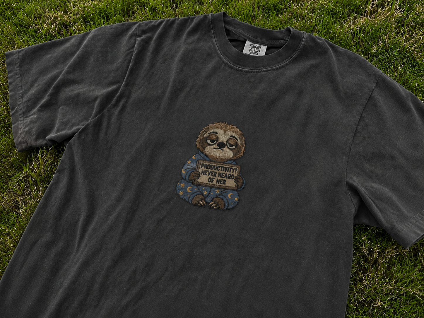 PRODUCTIVITY NEVER HEARD OF HER EMBROIDERED SLOTH TEE AV-0036