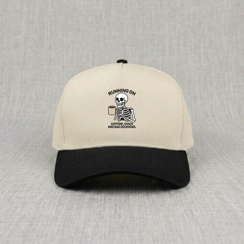 Running On Caffeine, Chaos and Bad Decisions Cap, Skeleton Coffee Lover Embroidery Hat B-0079
