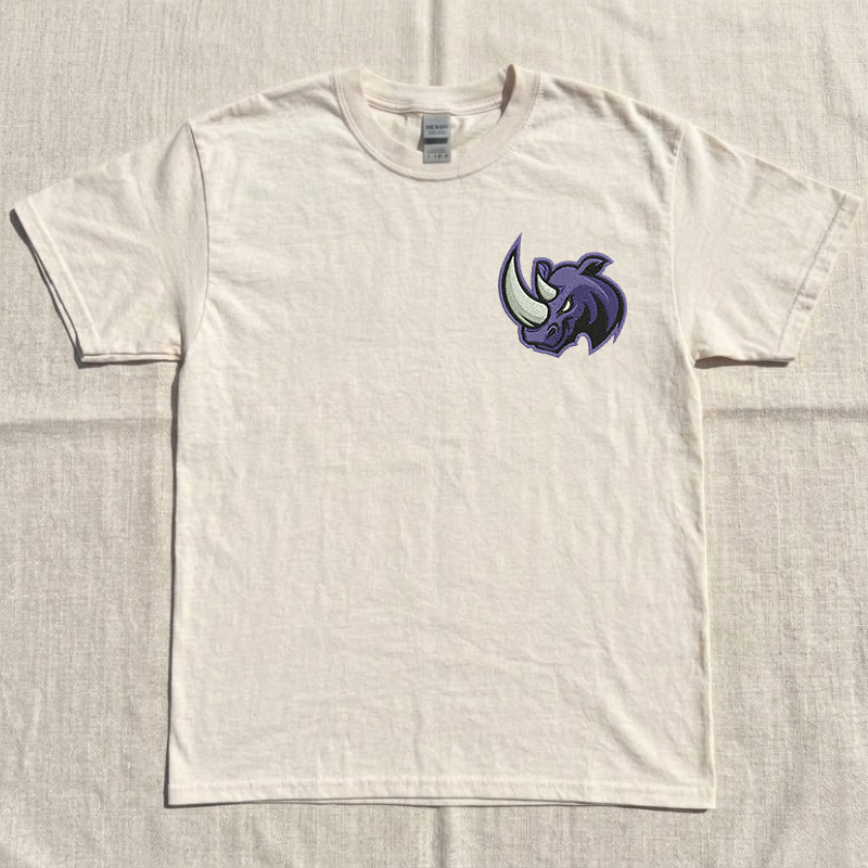 Rhinoceros Purple Head Mascot Embroidery Design Tshirt, Game Day Sporty Team Outfits B-00100