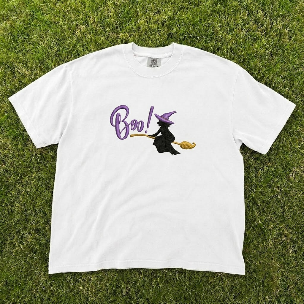 Boo! Flying Witch Halloween Embroidered Tee CT-0087