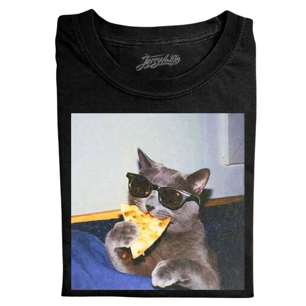 FUNNY CAT EATING PIZZA GRAPHIC TEE COOL CAT WITH SUNGLASSES SHIRT LL - 0130