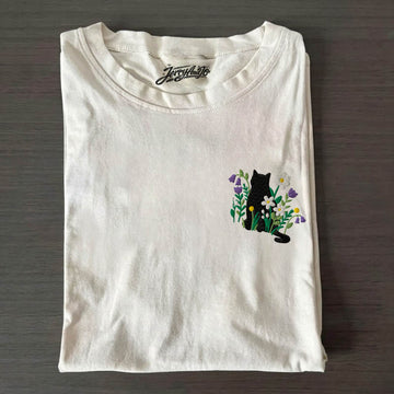 BLACK CAT COTTAGECORE EMBROIDERED SHIRT HHUE - 002