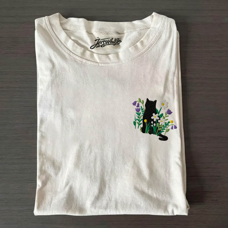 BLACK CAT COTTAGECORE EMBROIDERED SHIRT HHUE - 002