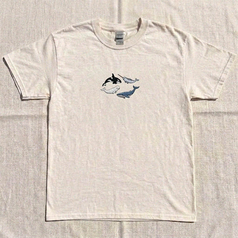 EMBROIDERED MARINE LIFE SHIRT, WHALE ORCA TEE HHUE - 044