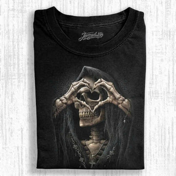 GRIM REAPER SKELETON HEART HANDS GRAPHIC TEE SKULL MAKING HEART SHIRT LL - 0137