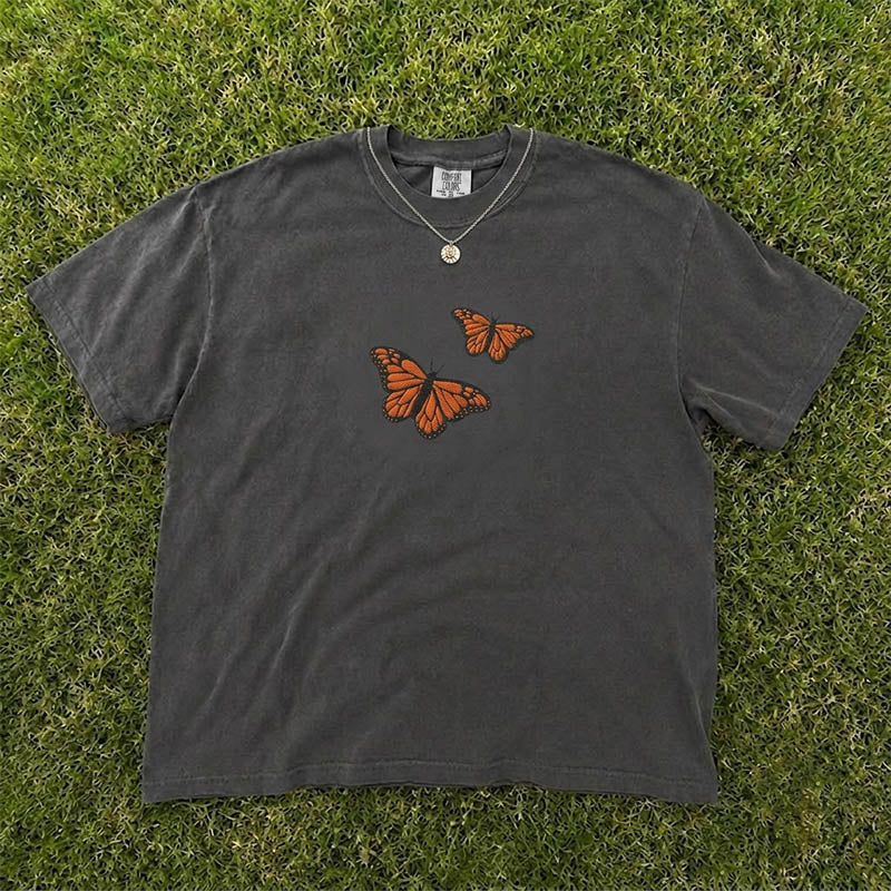 BUTTERFLY MINIMALIST RETRO EMBROIDERED TEE HHUE - 026
