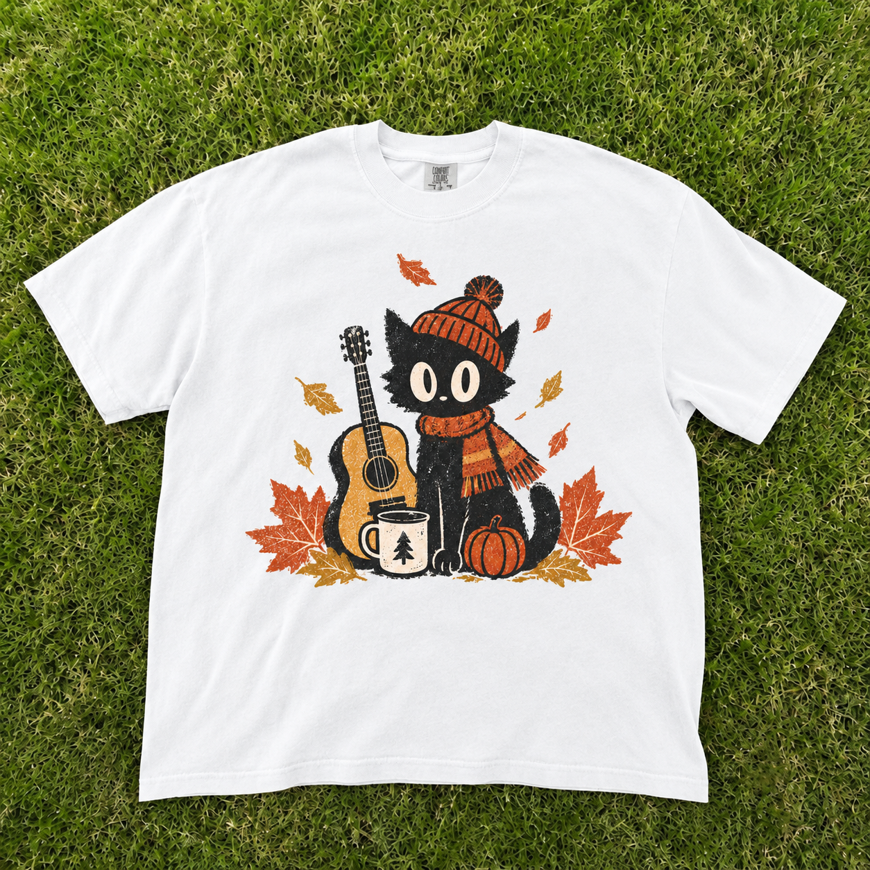 Autumn Black Cat Playing Guitar Pumpkin Fall Vintage T-Shirt CT-0110