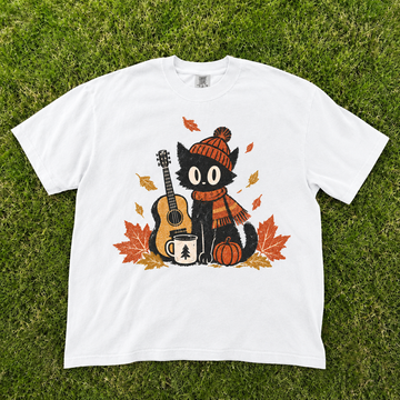 Autumn Black Cat Playing Guitar Pumpkin Fall Vintage T-Shirt CT-0110