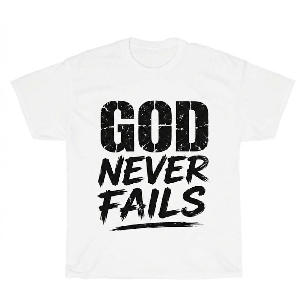 GOD NEVER FAILS CHRISTIAN T-SHIRT, FAITH GRAPHIC TEE, INSPIRATIONAL BIBLE VERSE SHIRT PH-0071