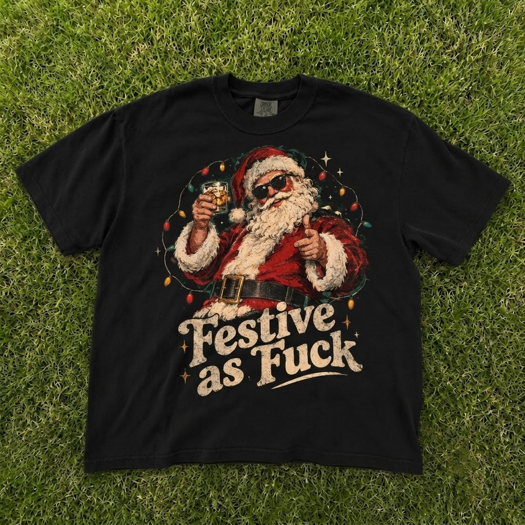 Festive As Fuck Santa T-Shirt Cool Santa Drinking Whiskey Christmas Shirt CT-0110